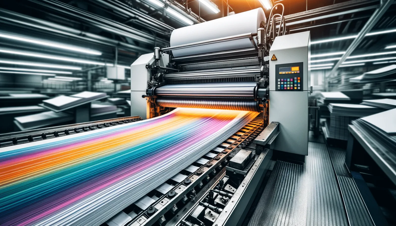 Colourful sheets streaming out of an offset press